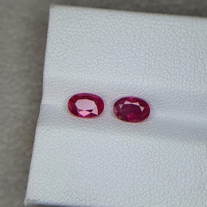 Op de afbeelding: Twee ovale, rode edelstenen op een witte achtergrond. De edelstenen zijn vergelijkbaar in grootte en vorm.