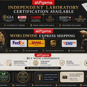 May include: A promotional graphic for Alifgems featuring three horizontal sections. The top displays gemstone certification logos, a loupe, and a report. The middle shows shipping carrier logos, a plane, and a truck. The bottom lists service guarantees.