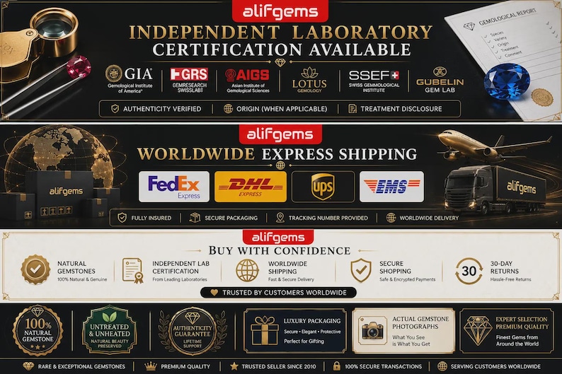 May include: A promotional graphic for Alifgems featuring three horizontal sections. The top displays gemstone certification logos, a loupe, and a report. The middle shows shipping carrier logos, a plane, and a truck. The bottom lists service guarantees.