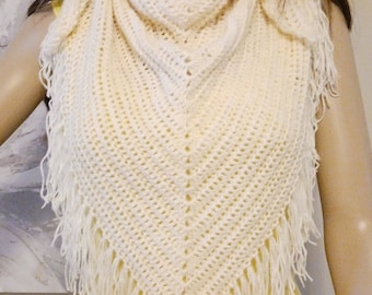 Cream Triangle Scarf with Fringes
