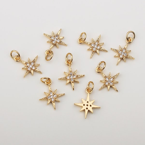 1PCS - Gold North Star with Cubic Charms, Micro Pave Starburst Pendant, Tiny CZ Polaris, Celestial Charms / DH1-7G