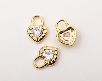 1PCS - Gold Padlock Style Solitaire Heart Cubic Charm, Micro Pave Lucky Key Pendant, Flat Tiny CZ Lock Charm DIY Component / KP7-0G