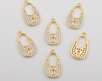 1PCS - Gold Lock with Cubic Charms, Micro Pave Lucky Key Pendant, Flat Tiny CZ Key Lock Charm DIY Component / JT4-4G