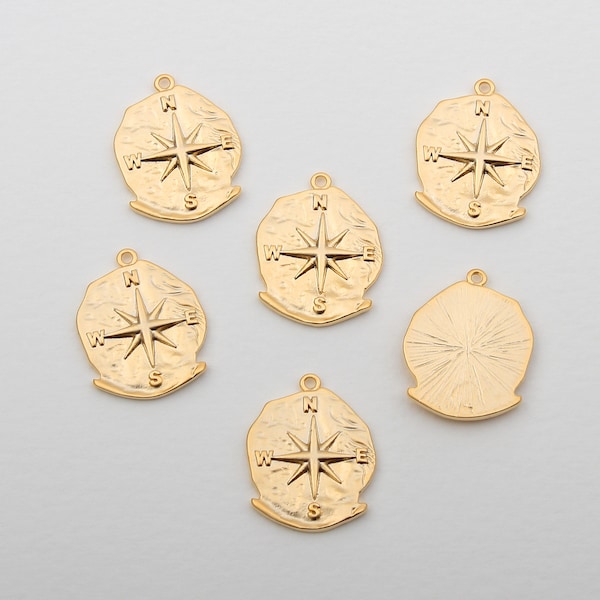 1PCS - Matt Gold Hammered Medal Compass Charm, Cardinal Points Compass Needle Charms, Azimuth Compass Charms / AX7-4G