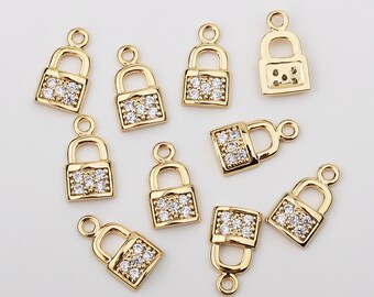 1PCS - Gold Lock with Cubic Charms, Micro Pave Lucky Key Pendant, Flat Tiny CZ Key Lock Charm Component / NM9-4G