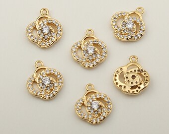 1PCS - Gold Frame Rose with 26 Cubics Pendant, Twinkle CZ Rose Design Charm, Full Blown Rose Charm, Gold Blossom Pendant / SR2-7G