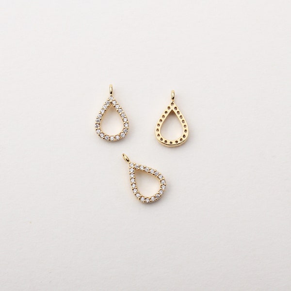 1PCS - Tiny Pave Setting Clear Cubic CZ Open Teardrop Pendant, Claw Set Cubics Charm, Gold Plated over Brass / TB1-7G