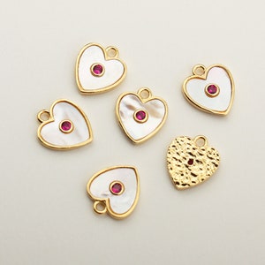 1PCS - Gold Heart Inlaying Pearl and Red Cubic Pendant, Mother of Pearl Charm, Cubic Zirconia Pendant, Heart Pendant / MV9-2R