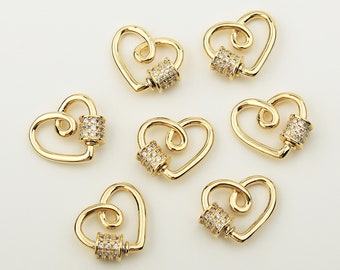 1PCS - Micro Pave Tiny Gold Heart Screw Clasp, Carabiner Pave Hook, Gold Cubic Key Screw Clasp Charm Pendant Lock / DP6-7G