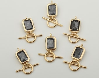 1PCS - Rectangle Solitaire Grey Cubic and Pi Connector Gold Charm, Prong Setting Rectangle Cubic Pendant / BV8-5Y