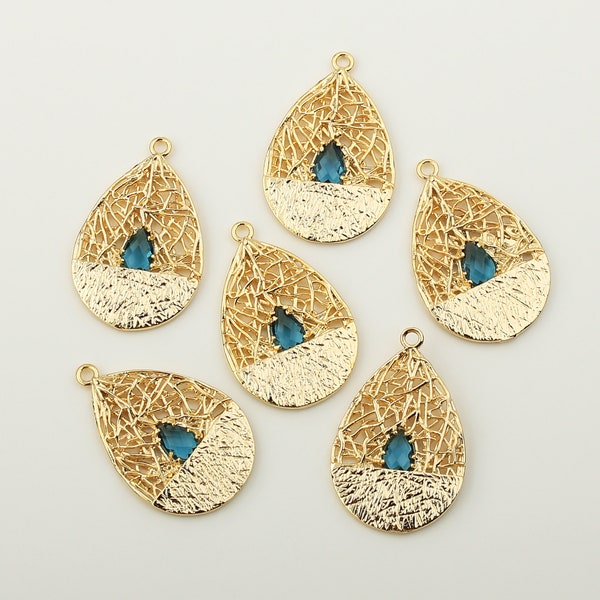 1PCS - Gold Teardrop Filigree Work with Solitaire Faceted Blue Cubic Pendant, CZ Paved Oval Charm, Gold Nest Pendant / DP5-0G