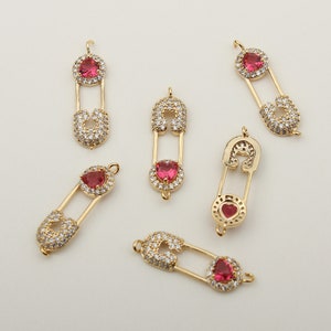 1PCS - Pink Heart Cubic Safety Pin Shape Gold Connector, Gold Safety Pin Type Charm Pendant, Safety Pin Necklace / AW3-2G