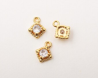 1PCS - Tiny Gold Rhombus Charm, 4mm Round Cubic Pendant, Halo Cubic Open Rhombus Charms / KR3-7G