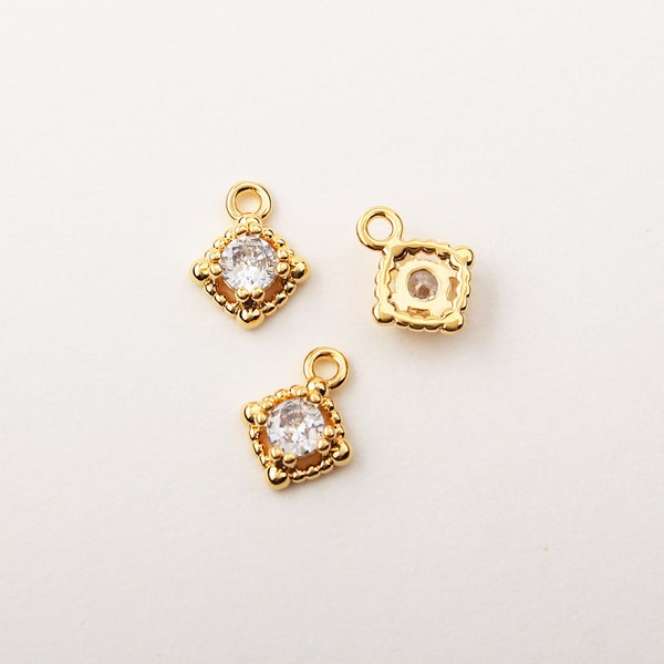 1PCS - Tiny Gold Rhombus Charm, 4mm Round Cubic Pendant, Halo Cubic Open Rhombus Charms / KR3-7G