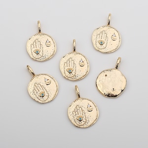 1 STÜCK - Blau Kubik Evil Eye Hamsa Anhänger, Stern Mond Evil Eye Charm, Gold Rough Münze Disc Medaille Anhänger / JT1-0G