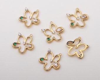 1PCS - Gold Green CZ Flower Charms, Colorful Cubic Zirconia Floral Pendants, Gold Flower Charm Connector / CV4-4N