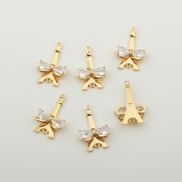 1PCS - Faceted Cubic Prong Set Ribbon Eiffel Tower Pendant Connector, CZ Ribbon Gold Charm Pendant Connector / BK4-3G