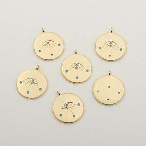 1PCS - Matt Gold Turquoise Evil Eye Charm, Blue Cubic Evil Eye Coin Pendant, Blue Evil Eye Medallion Pendant / MT4-7G