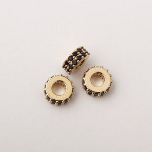 1PCS - Rondelle Beads with Black Cubic, Bezel Set Round Wheel Cubic Rondelle, Rondelle Spacer Beads, Bracelet Component / KV1-8B