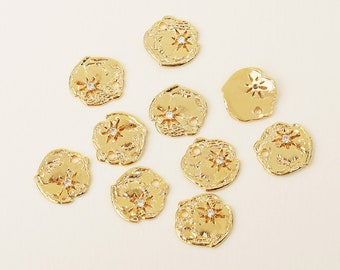 1PCS - Gold Medallion with CZ Charms ,Cubic Star Coin Pendants, Textured North Star Charm, Clear Cubic Supplies / NM3-1G