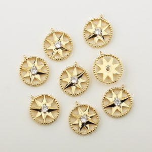 1PCS - Gold Coin with Cubic Starburst Charms, Dainty Gold Medallion Pendant, Compass Charm / DH3-5G