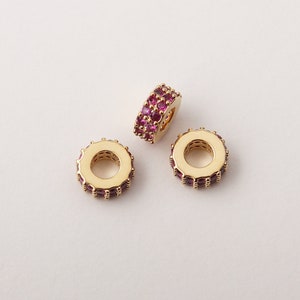 1PCS - Rondelle Beads with Pink Cubic, Bezel Set Round Wheel Cubic Rondelle, Rondelle Spacer Beads, Bracelet Component / KV1-8P