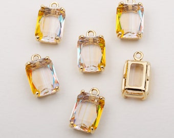 1PCS - Rectangle Yellow Split Cubic Gold Charm, Big Faceted Rectangle Cubic Pendant, 4 Prong Setting Charm / AV7-7W