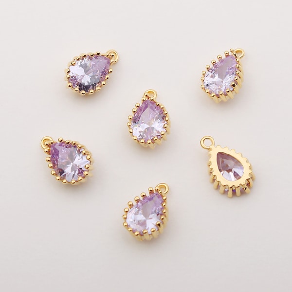1PCS - Faceted Tear Drop Lilac Purple CZ Pendant, Bezel Setting Gemstone Charm, Slim Teardrop, Gold Plated Brass Drop Pendants / CV3-8A