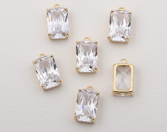 1PCS - Rectangle Solitaire Clear Cubic Gold Charm, Big Faceted Rectangle Cubic Pendant, 4 Prong Setting Charm / AF5-4G