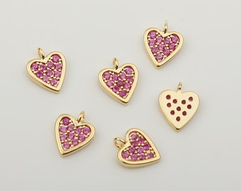 1PCS - Tiny Pink Cubic Prong Heart Gold Charm, Pink Cubic Heart Pendant, Gold Cubic Heart Dangle / BC5-0G