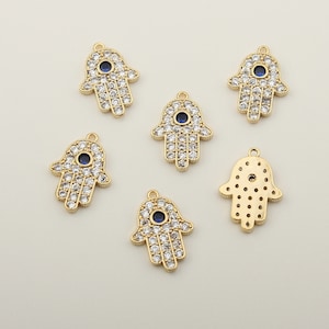 1PCS - Big Hamsa Evil Eye Blue Cubic Charm, Gold Pave Khamsa Pendant, Fatima Hand, Micro CZ Necklace Earring Dangle / SQ7-4G