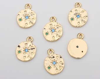 1PCS - Blue Green Cubic Star Pendant, Hammered Vintage Gold Medallion Charm, Disc Coin DIY Jewelry Supplies / JT1-1G