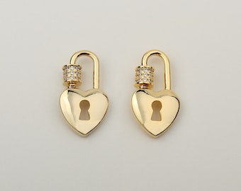 1PCS - Micro Pave Tiny Gold Ring with Heart Screw Clasp, Carabiner Pave Hook, Gold Cubic Key Screw Clasp Charm Pendant Lock / MT6-0G