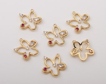 1PCS - Gold Pink CZ Flower Charms, Colorful Cubic Zirconia Floral Pendants, Gold Flower Charm Connector / CV4-4P