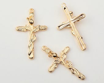 1PCS - Elegant Cross with Rose Vine – Gold Plated Christian Jewelry Pendant, Floral Religious Charm for Jewelry Making / PL5-7G
