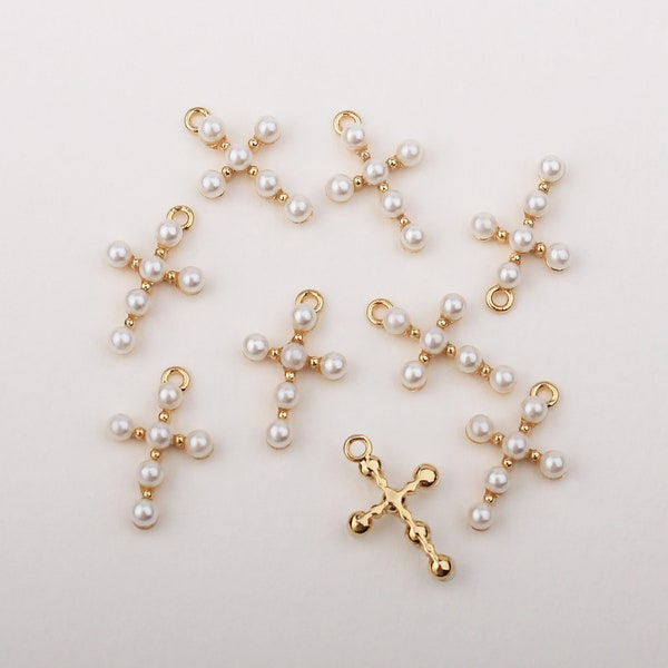1PCS - Tiny White Pearl Cross Charm, Cross Pendant, Small Pearl Beads Cross Charms, Jewelry Supplies / NS1-5G