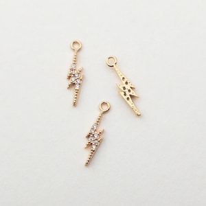 1PCS - Gold Lightning Bolt Charm with Rhinestones,Sparkling Lightning CZ Pendant,Tiny Gold Thunderbolt Charm / GC2-6G