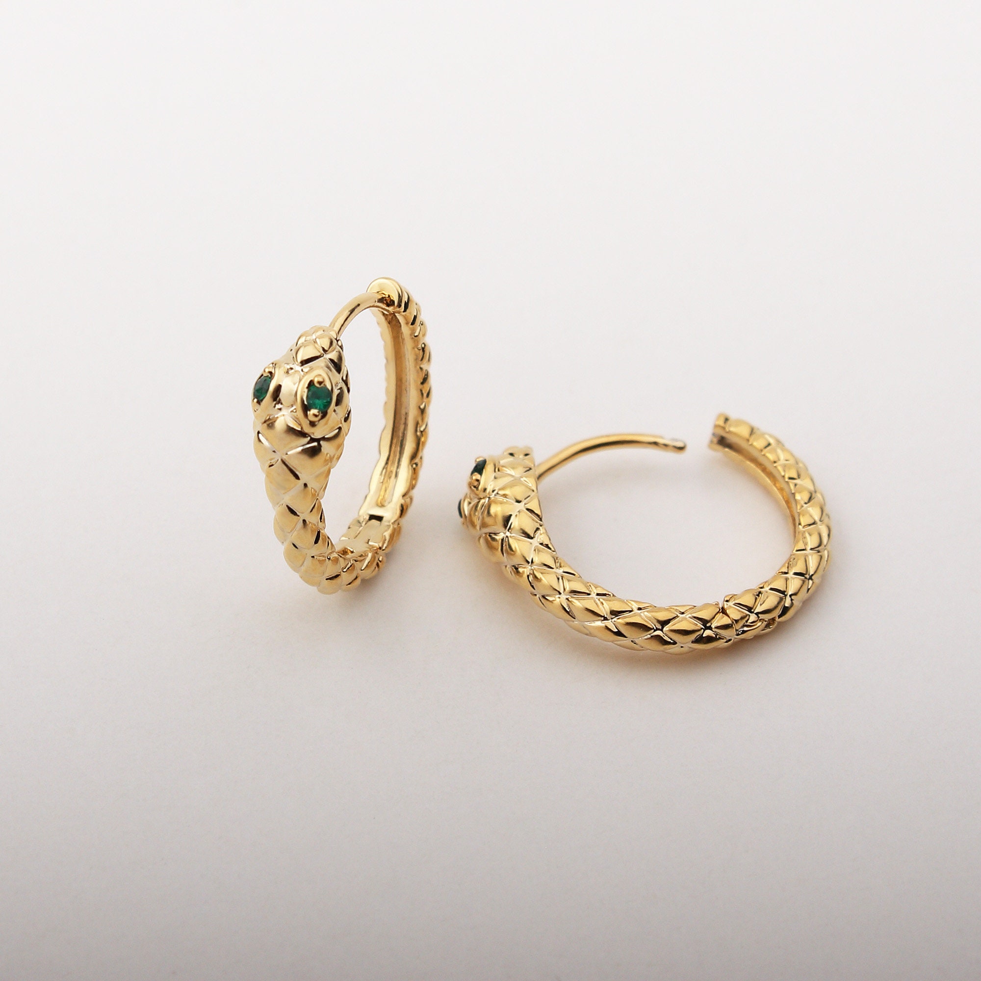 1PAIR - Gold Green Eye Python Leverback Earrings, Snake Huggie Hoops Earrings, One Touch Hoop Post Earrings / I01-5G