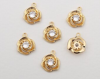 1PCS - Gold Frame Rose Cubic Pendant, Twinkle CZ Rose Design Charm, Full Blown Rose Charm, Gold Blossom Pendant / AY5-3G