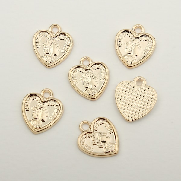 1PCS - Gold Queen Heart Pendant, Vintage Elizabeth Medallion Heart Charm, Gold Medal Heart Necklace / MT5-0G