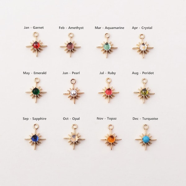 1PCS - North Star with Various Birth Stones Charms, Star Birthstone Charm, Tiny Birthstones Charms, Starburst Pendant / TV2-8G