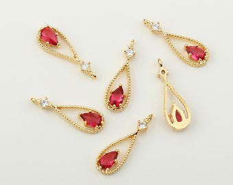 1PCS - Dainty Teardrop Charm, Solitaire Hot Pink CZ Prong Set Pendant, Open Oval Gold Charm, Halo Cubic Jewelry / RV3-7R