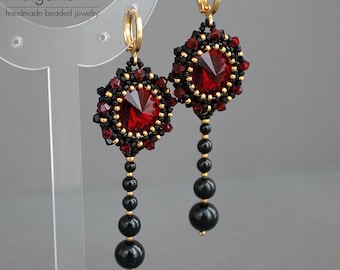 Swarovski pearl dangle earrings, black long beaded earrings, pearl drop beadwork earrings, red black earrings, beadwoven earrings, beadwork