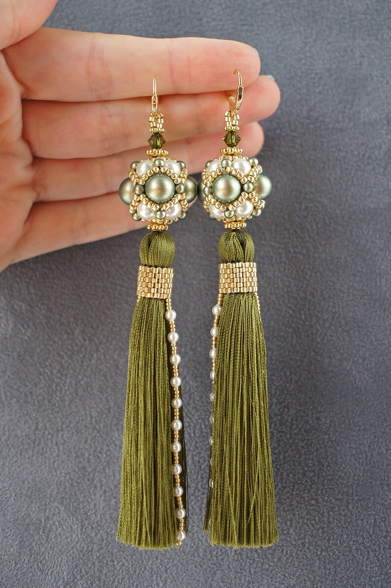 Olive green earrings green and gold earrings long tassel Etsy
