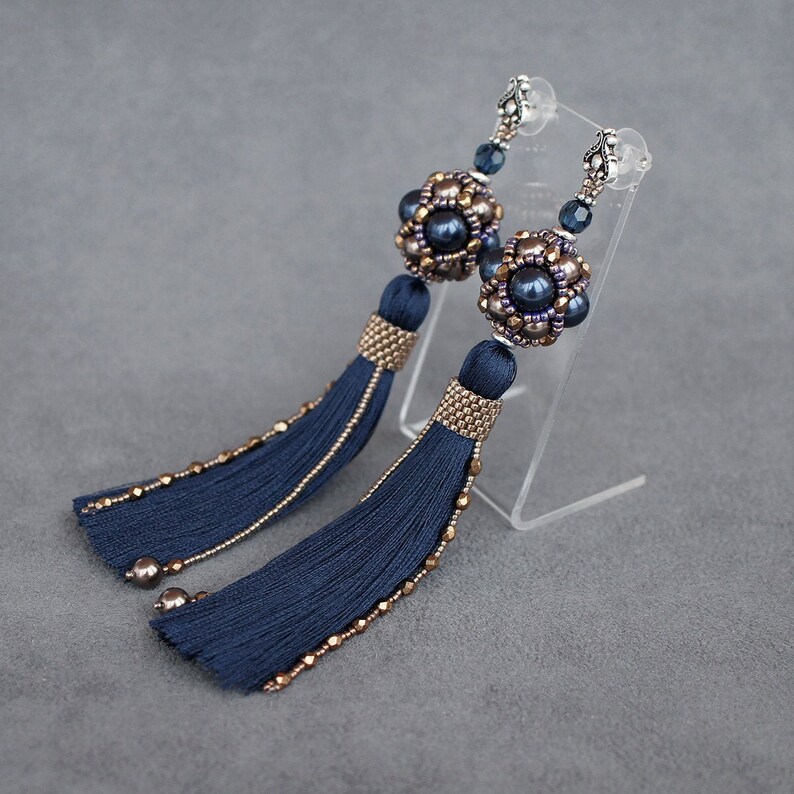 Dark blue earrings navy blue tassel earrings long beaded Etsy
