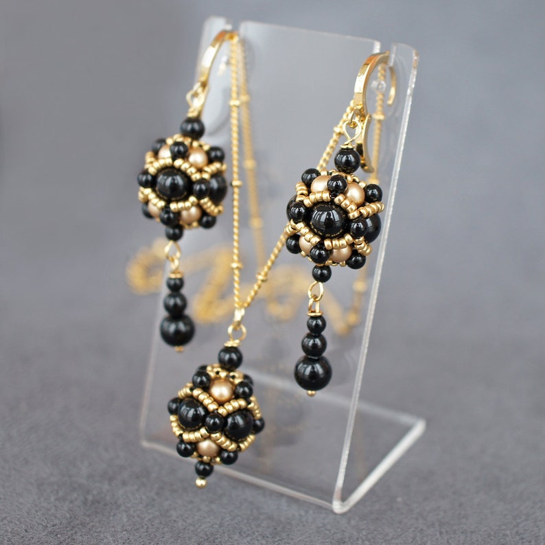 Black and gold bead jewelry set beaded earrings and pendant Etsy