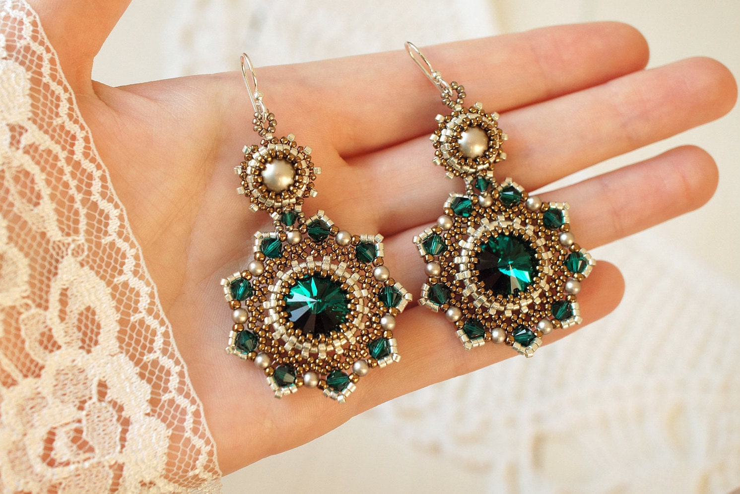 Swarovski crystal earrings beaded emerald earrings beadwork Etsy