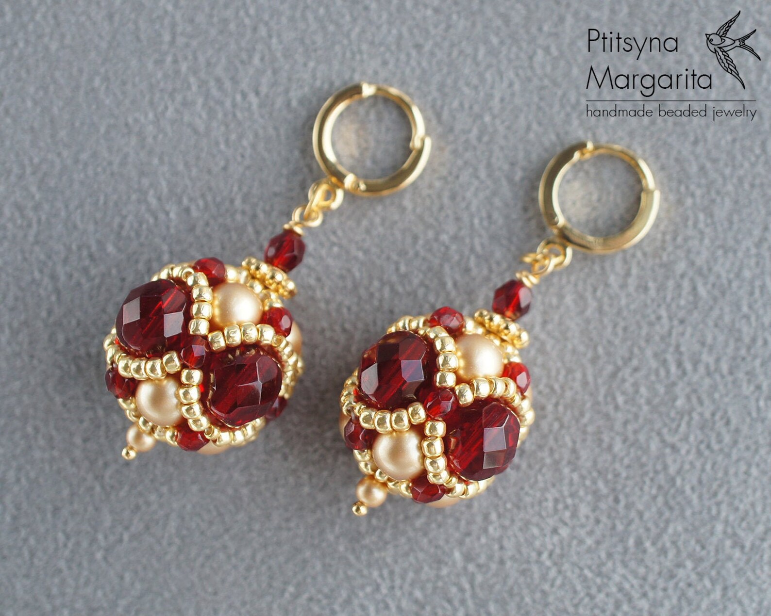 Hanging Ball Earrings Red and Gold Bead Woven Earrings Etsy