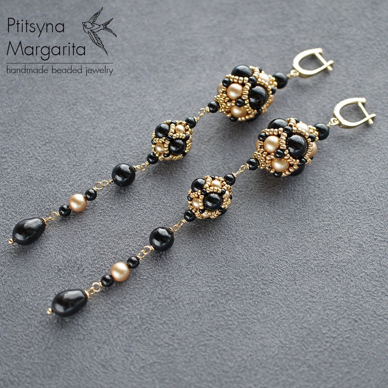 Black and Gold Beaded Earrings. Extra Long Dangle Earrings. Etsy