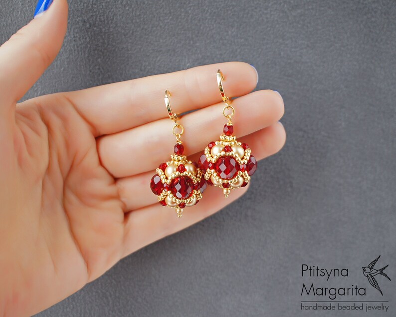 Hanging Ball Earrings Red and Gold Bead Woven Earrings Etsy